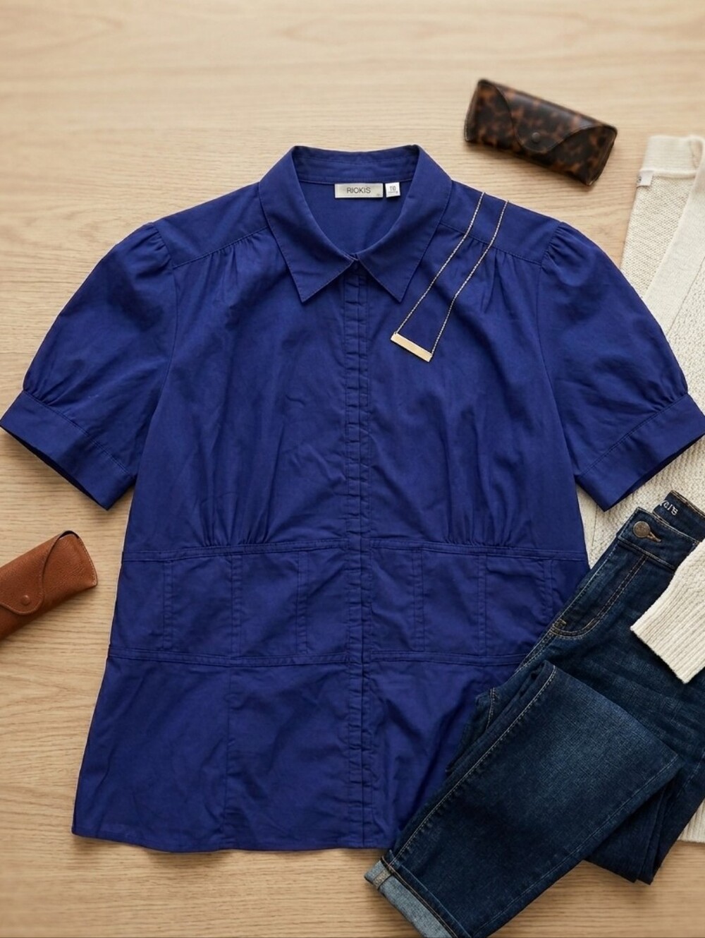 Ricki's Size 18 Blue Professional Blouse Hook and Eye Closure Short Puff Sleeve